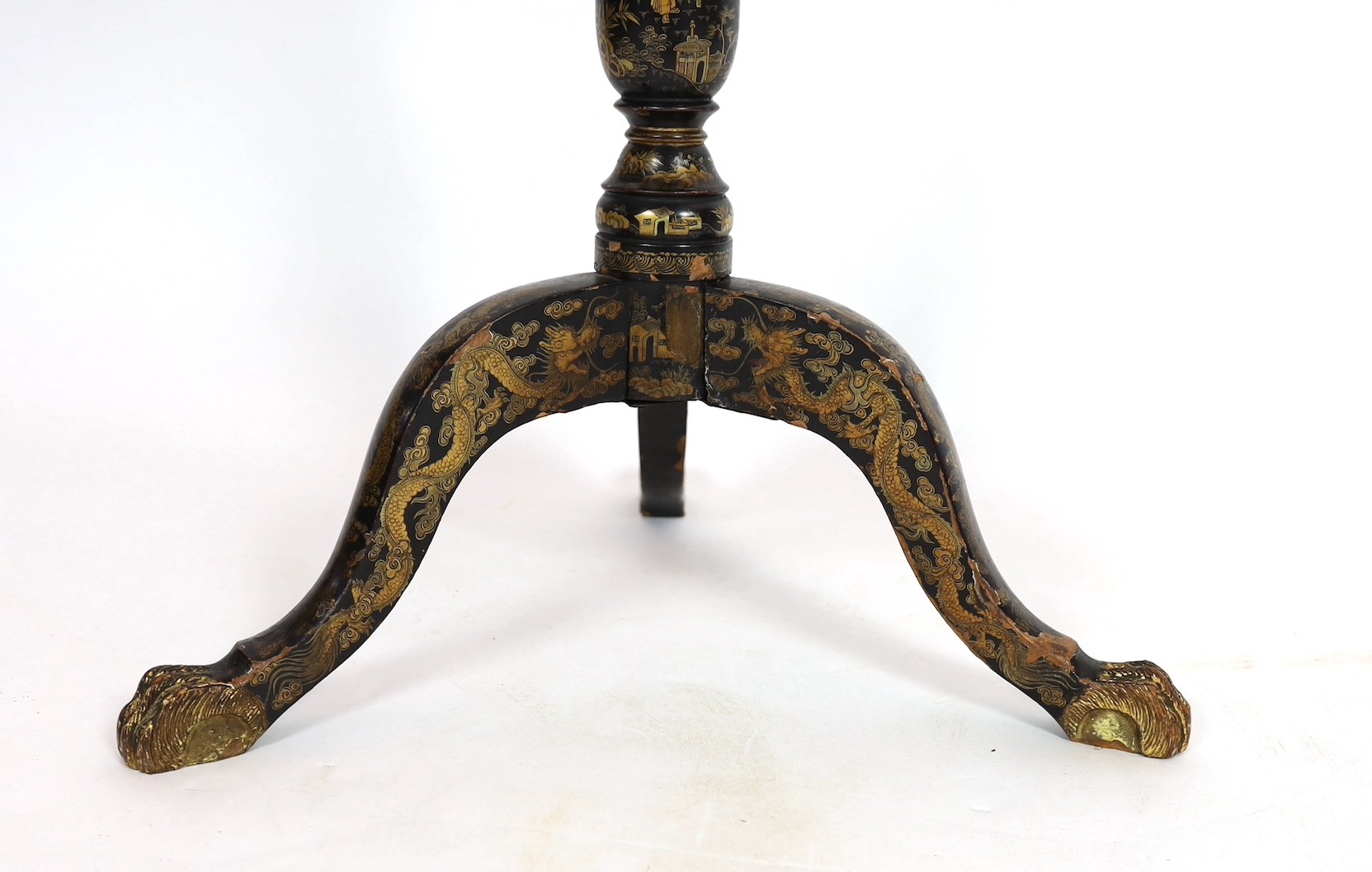 A Chinese export gilt-decorated black lacquer wine table, c.1840, 38 x 31.5cm, height 69cm